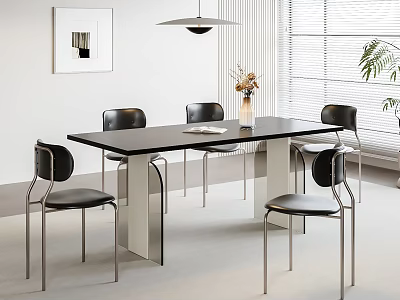Black Dining Table Set Modern Metal Frame Chairs with Vase Flowers Wall Art and Window 3d model