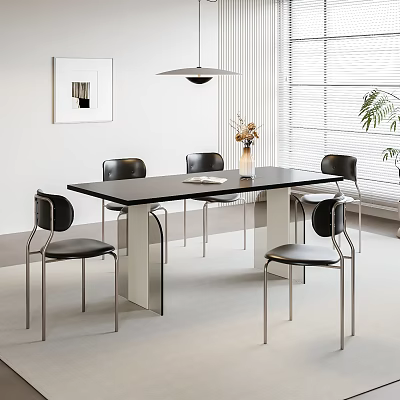 Black Dining Table Set Modern Metal Frame Chairs with Vase Flowers Wall Art and Window 3d model