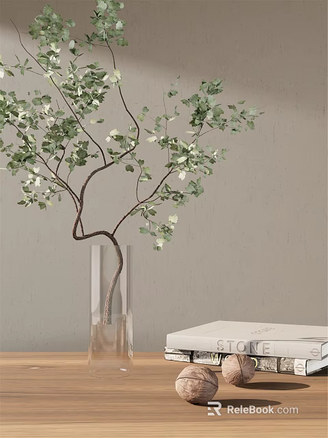 Transparent Glass Vase With Green Leaf Branches And White Flowers On Table 3d model 