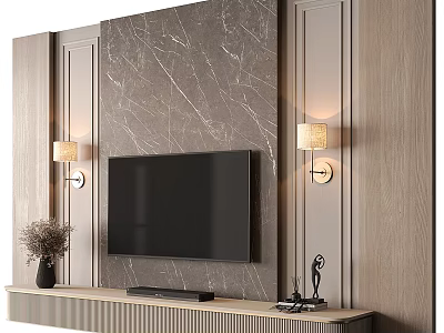 Modern TV Background Wall Design With Marble Panel Wooden Accents And Wall Sconces 3d model