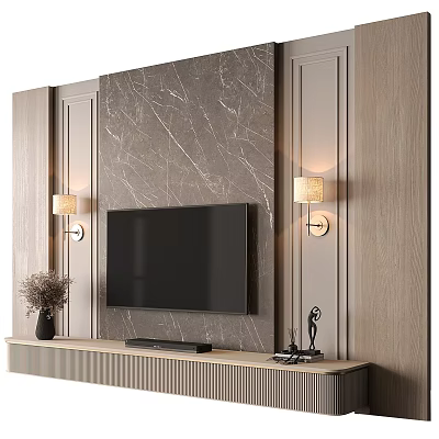 Modern TV Background Wall Design With Marble Panel Wooden Accents And Wall Sconces 3d model