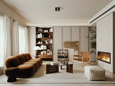 Modern Living Room Featuring Curved Brown Sofa Glass Coffee Table Fireplace And Bookshelf 3d model