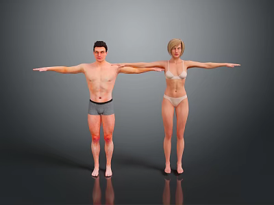 Man and Woman Posing in Underwear with Arms Outstretched Against Gray Background 3d model