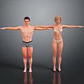Man and Woman Posing in Underwear with Arms Outstretched Against Gray Background