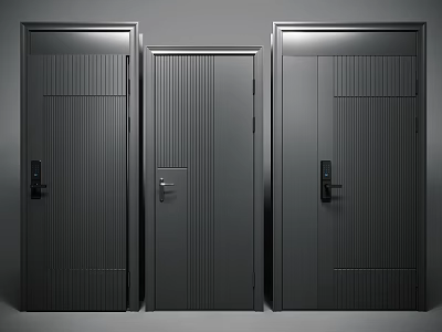 Three Modern Striped Metal Security Doors In Matte Black With Locks 3d model