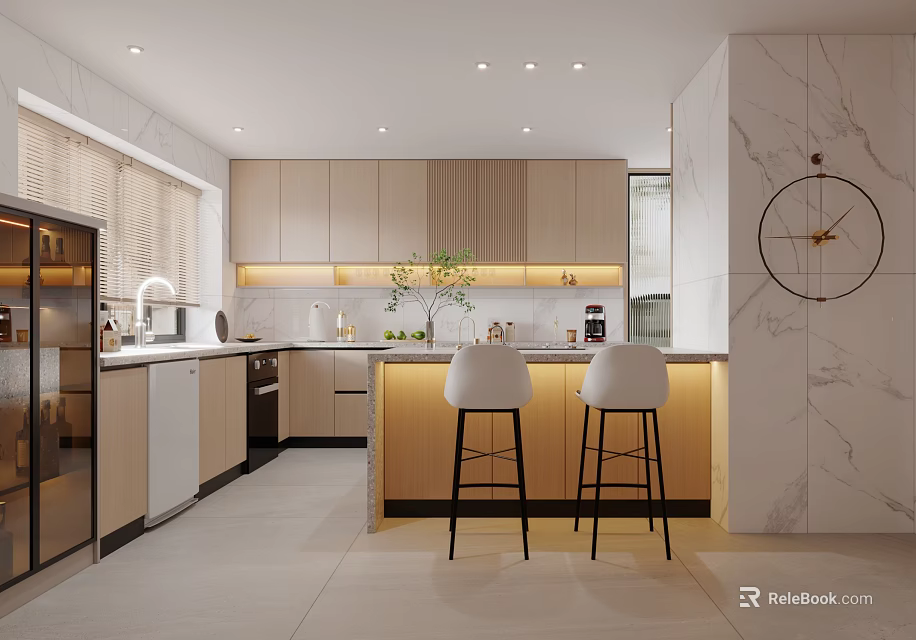 Modern Kitchen Interior With Light Wood Cabinets Marble Island Bar Stools And Wall Clock 3d model