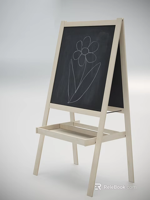 Light Colored Wooden Easel Chalkboard Hanging with Flower Drawing and Tray 3d model 