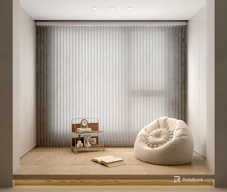 Plush Bean Bag Chair in Cozy Corner With Side Table Wooden Floor and Vertical Blinds 3d model 