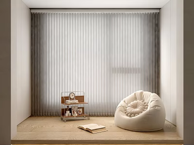 Plush Bean Bag Chair in Cozy Corner With Side Table Wooden Floor and Vertical Blinds 3d model