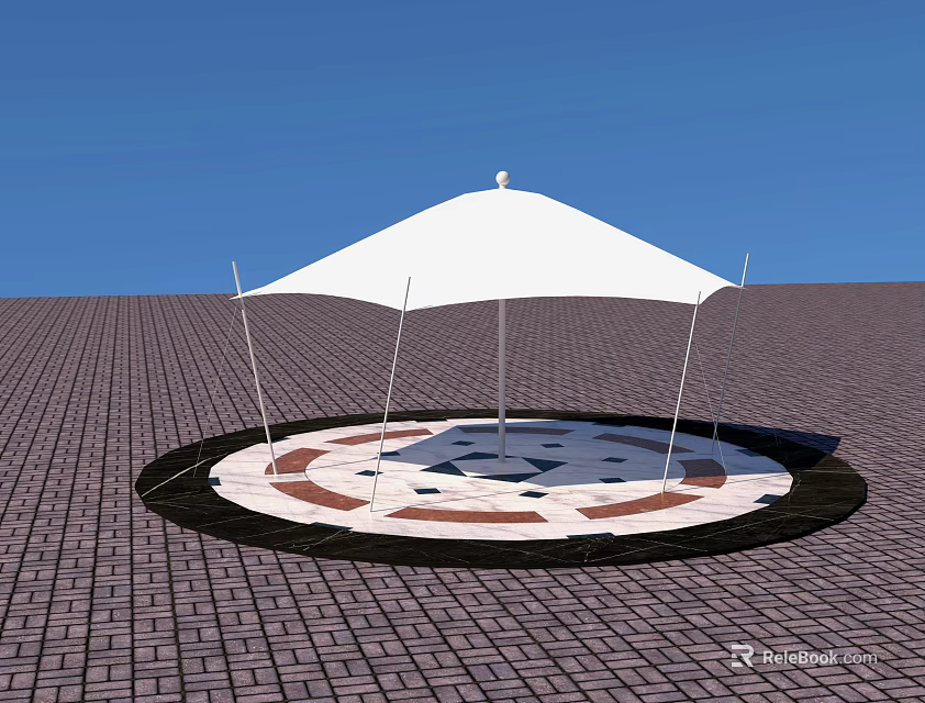 White Tensile Membrane On Circular Ground With Red White Pattern Brick Pavement Under Blue Sky 3d model