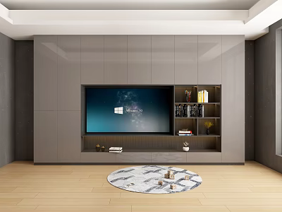 Modern Grey TV Background Cabinet with Built-in TV Bookshelves and Decorative Items 3d model