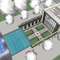 Modern Sales Office Building With Wooden Striped Ceiling And Glass Curtain Walls