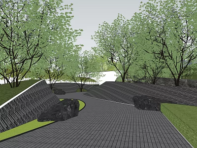 Serene Garden Landscape With Winding Brick Pathway Lush Green Trees And Large Rocks 3d model