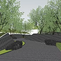 Serene Garden Landscape With Winding Brick Pathway Lush Green Trees And Large Rocks
