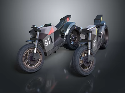 Two Sporty Motorcycles With 911 Logo Parked Side By Side On Dark Surface 3d model