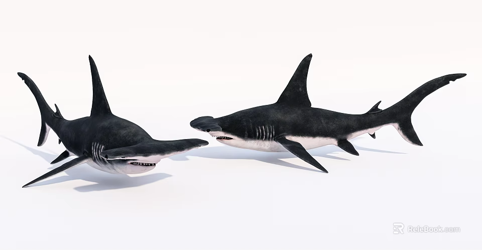 Realistic 3D Rendered Sharks With Sharp Teeth And Dorsal Fins On White Background 3d model 
