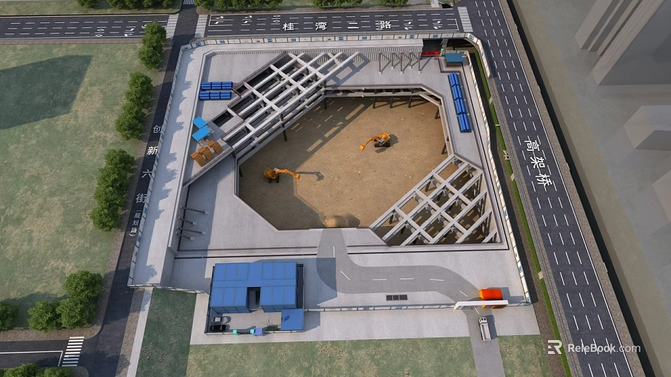 Active Construction Site Featuring Foundation Pit Steel Frame Excavators And Temporary Facilities 3d model 