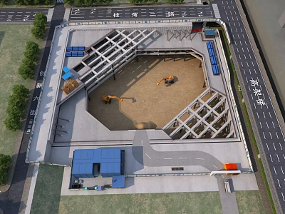 Active Construction Site Featuring Foundation Pit Steel Frame Excavators And Temporary Facilities 3d model