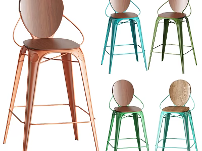 Stylish Bar Stools With Wooden Seats And Colorful Metal Frames In Copper Blue Green 3d model