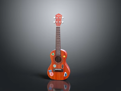 Red Wooden Ukulele With Decorative Stickers And Glossy Finish As Household Item 3d model