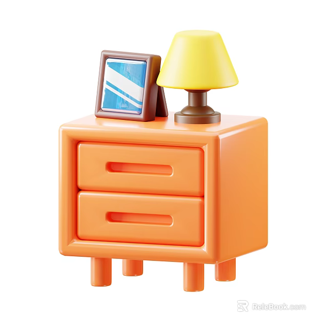 Orange Entryway Side Cabinet with Two Drawers Topped with Yellow Lamp and Photo Frame 3d model 