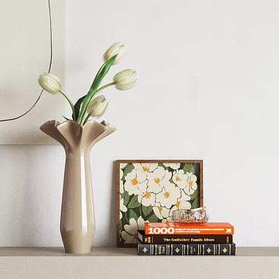 Beige Fluted Vase With White Tulips And Framed Floral Artwork On Stack Of Books 3d model