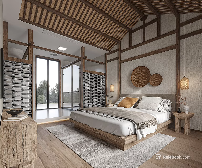 Traditional Japanese Bedroom With Wooden Structure Tatami Bed Woven Bamboo Decor And Warm Lighting 3d model 