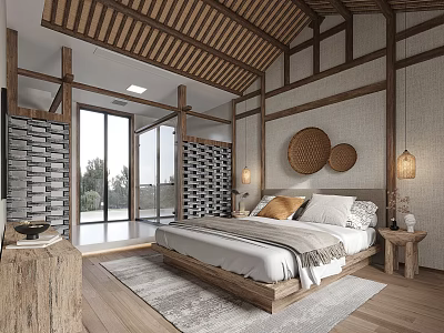 Traditional Japanese Bedroom With Wooden Structure Tatami Bed Woven Bamboo Decor And Warm Lighting 3d model