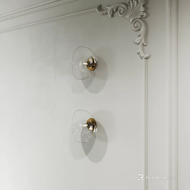 Modern Gold Base Glass Wall Lamps Mounted On White Wall With Decorative Molding 3d model 