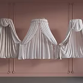 Elegant White Bed Canopy with Pleated Design and Lace Trim Against Soft Pink Wall Background