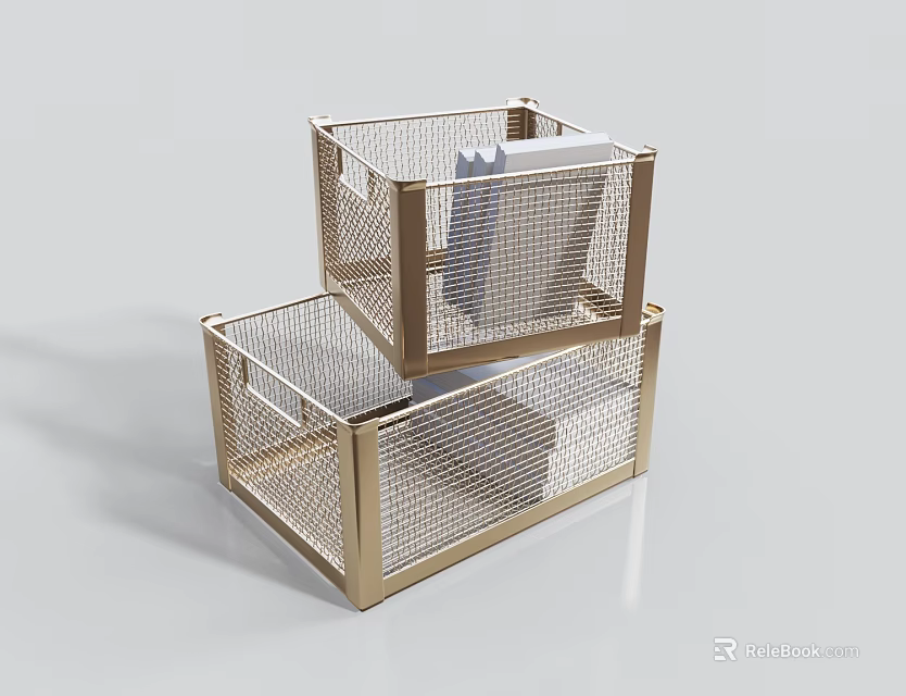Golden Metal Mesh Storage Baskets Stacked with Folded Clothes for Home Organization 3d model 