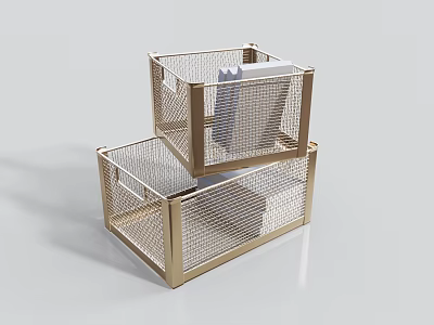 Golden Metal Mesh Storage Baskets Stacked with Folded Clothes for Home Organization 3d model