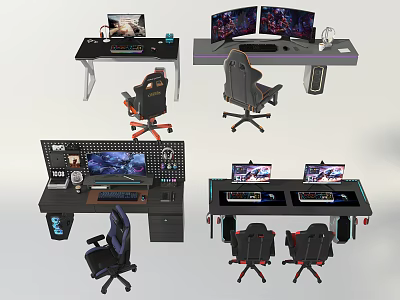 Modern Gaming Desk Setup With Multiple Monitors Ergonomic Chair And Accessories 3d model