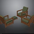 Three Wooden Frame Chairs With Green Cushions And Ottoman Furniture Set