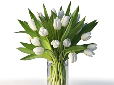 Fresh White Tulips in Clear Glass Vase with Green Leaves Decoration 3d model