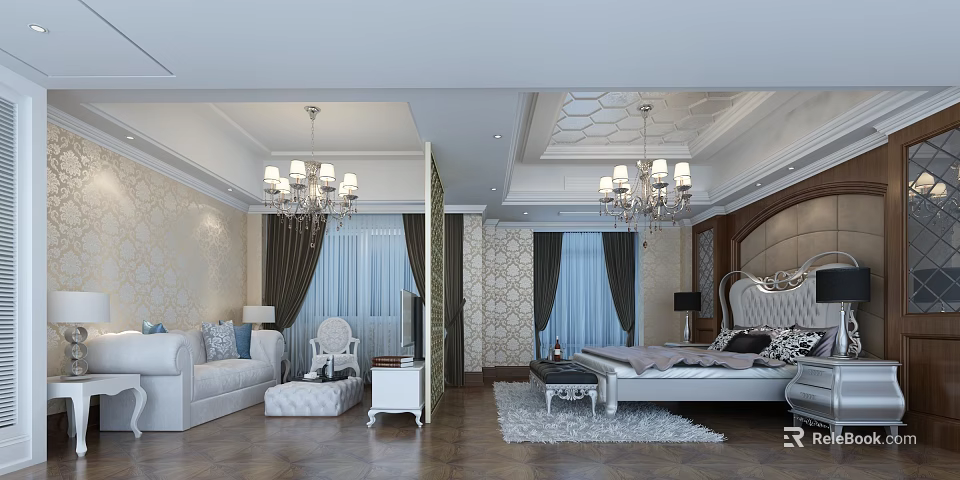 Luxurious European Style Hotel Room With Chandeliers Sofa King Bed Rug Wooden Floors Wallpaper Curtains 3d model 