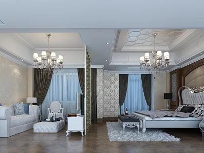 Luxurious European Style Hotel Room With Chandeliers Sofa King Bed Rug Wooden Floors Wallpaper Curtains 3d model