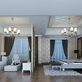 Luxurious European Style Hotel Room With Chandeliers Sofa King Bed Rug Wooden Floors Wallpaper Curtains