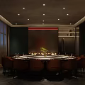 Elegant Private Dining Room With Round Table Brown Chairs Large Windows And Decorative Plant