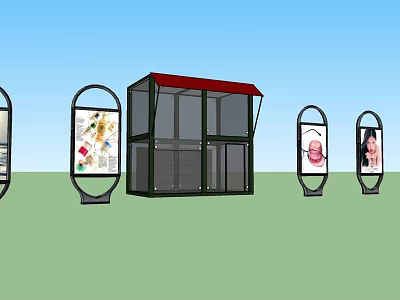 Scenic Landscape Pavilion With Glass Walls Red Roof And Surrounding Billboards On Green Lawn 3d model