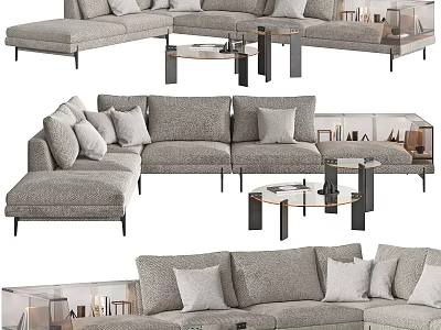 Multi person Modern Gray Sectional Sofa With Cushions And Glass Coffee Tables 3d model