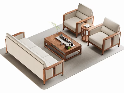 Light Fabric Sofa and Wooden Coffee Table Set with Armchairs in Living Room Interior 3d model