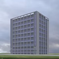 Modern Tall Office Building With Large Glass Windows Gray Exterior Green Lawn And Sky Background