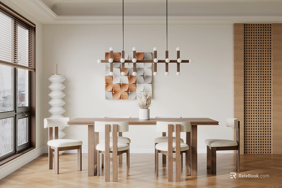 Modern Restaurant Interior Design With Dining Table Chairs Pendant Lights And Wall Decor 3d model