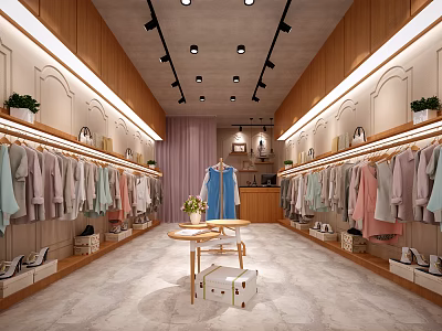 Modern Clothing Store Interior With Neatly Arranged Hanging Racks Assorted Clothes Round Table And Spotlights 3d model