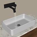 Modern White Vessel Sink with Black Wall Mounted Faucet on Marble Countertop and Wooden Cabinet