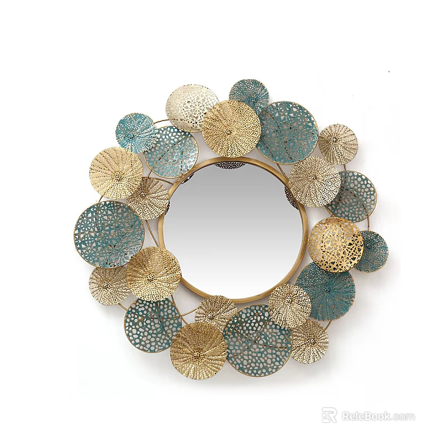 Decorative Mirror with Sea Urchin Shaped Gold and Blue Hollow Ornaments for Home Wall 3d model 