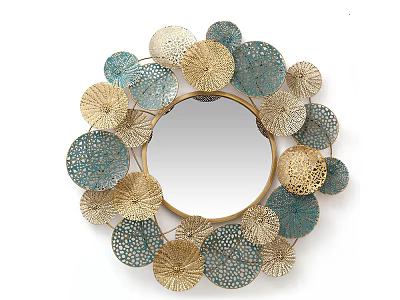 Decorative Mirror with Sea Urchin Shaped Gold and Blue Hollow Ornaments for Home Wall 3d model