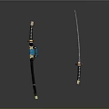 Traditional Samurai Swords With Sheathed Blue Decoration Golden Fittings And Unsheathed Slender Blade