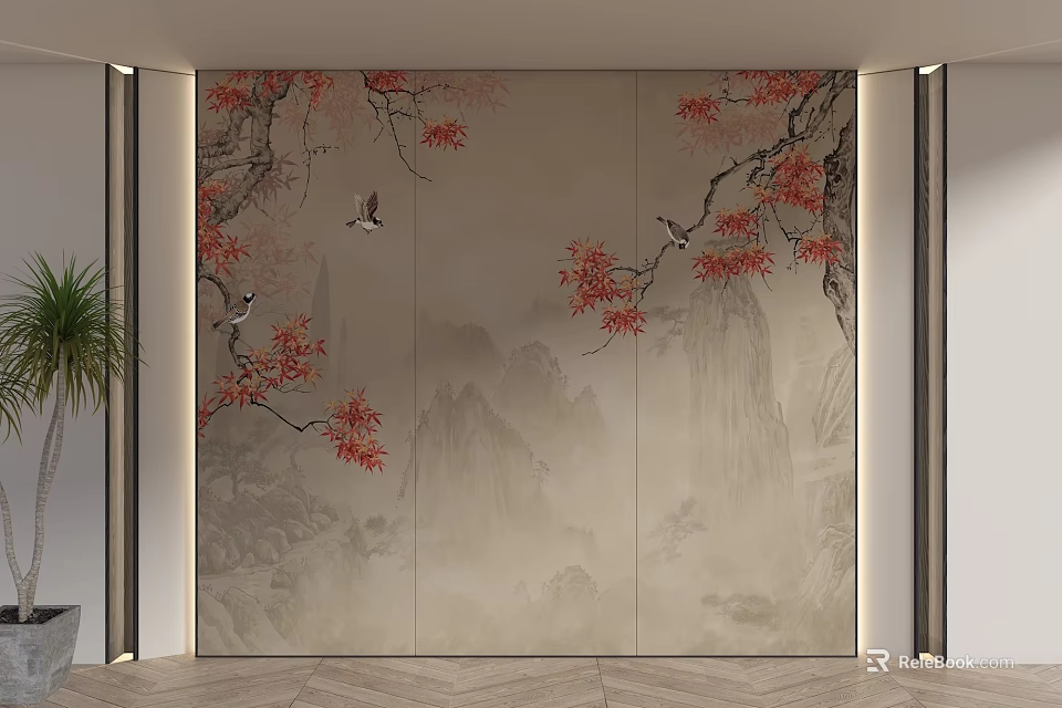 Chinese Style Sofa Background Wall With Red Maple Birds And Landscape 3d model 